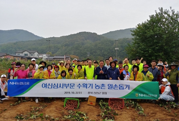 NH농협은행 여신심사부문은 지난 2일 수확기를 맞아 충북 진천군 일원에서 농촌일손돕기를 실시했다. 사진=농협은행.