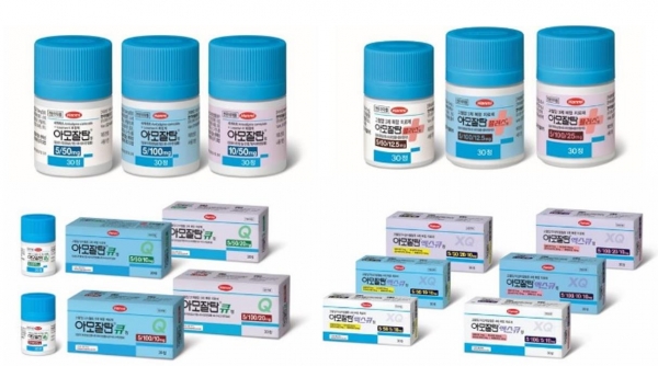 한국 제약회사가 독자 개발한 의약품으로는 최초로 누적 매출 1조원을 돌파한 한미약품의 아모잘탄패밀리 4종 18개 용량 제품 모습. 사진=한미약품